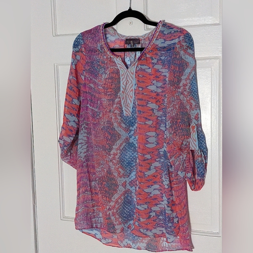 Hale Bob Silk Blend Printed Tunic Top Beaded Neck Boho Resort Medium - Picture 2 of 5